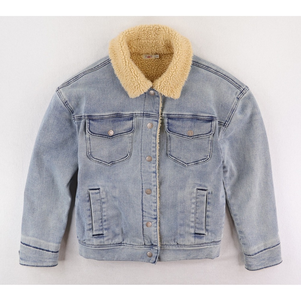 Faherty Denim Jacket Women XS Light Blue Sherpa Lined Trucker Jean Jacket